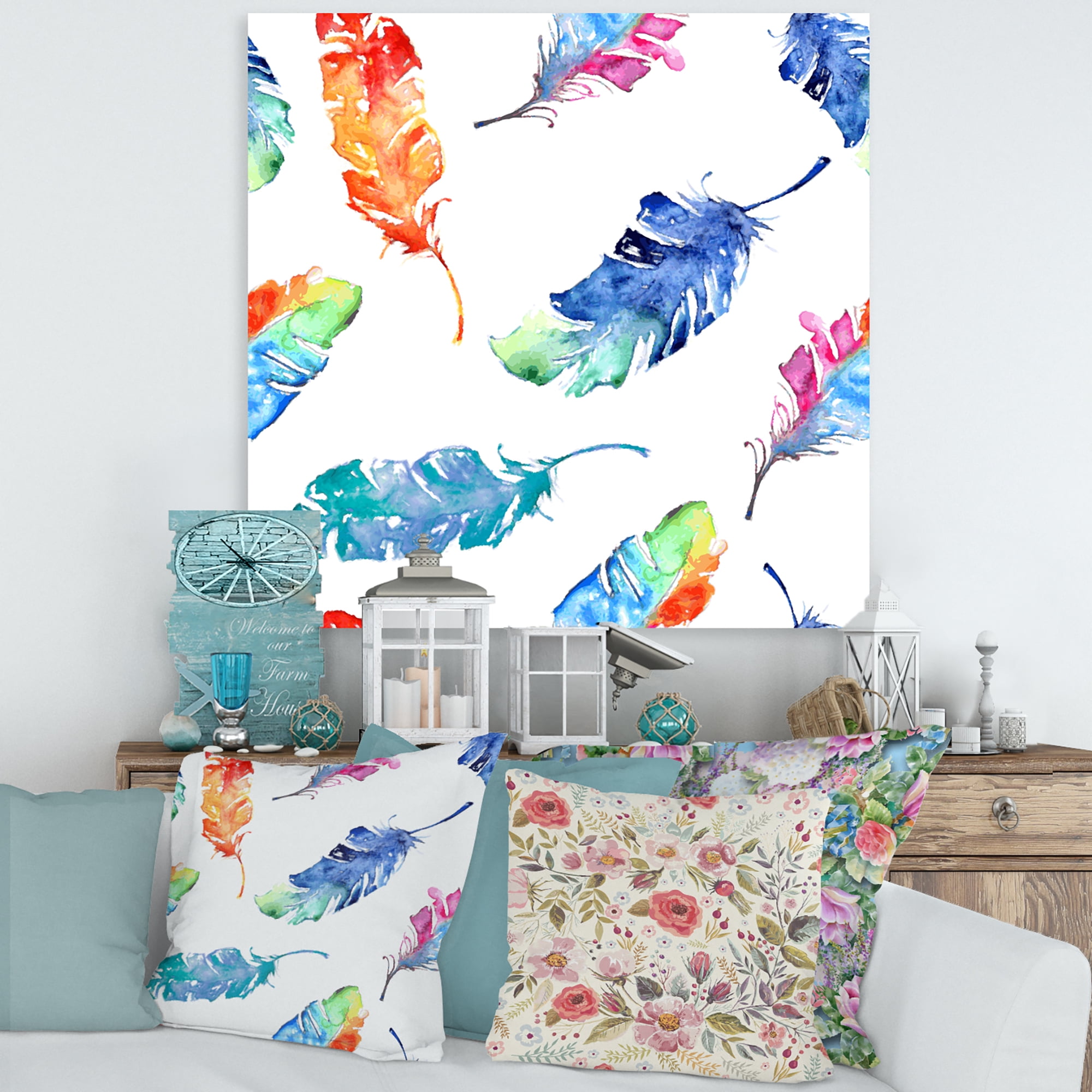 Designart ' Ethnic Colorful Feathers ' Bohemian & Eclectic Canvas Wall Art Print