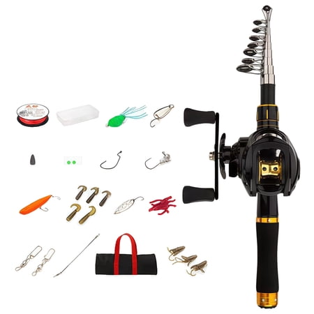Carbon Fiber Telescopic Fishing Rod and Reel Kit 6.9 ft / 2.1 m Pole Combo Right Hand Baitcasting Reel Fishing Line and Lures for Novice Anglers