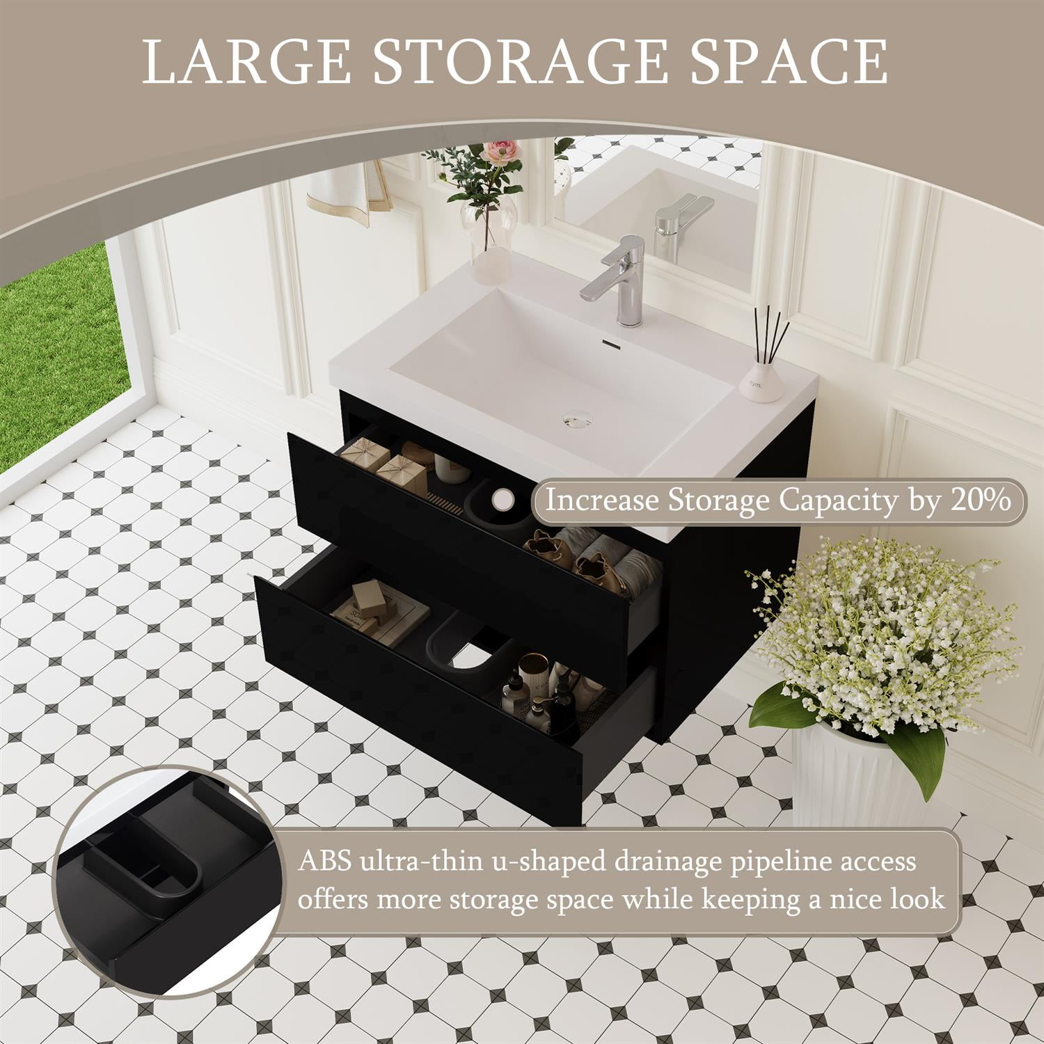 Demi Bonn 30" Floating Bathroom Vanity with Sink, Resin Top Basin and 2 Soft Close Drawers, Faucets and Drains Not Included, Black