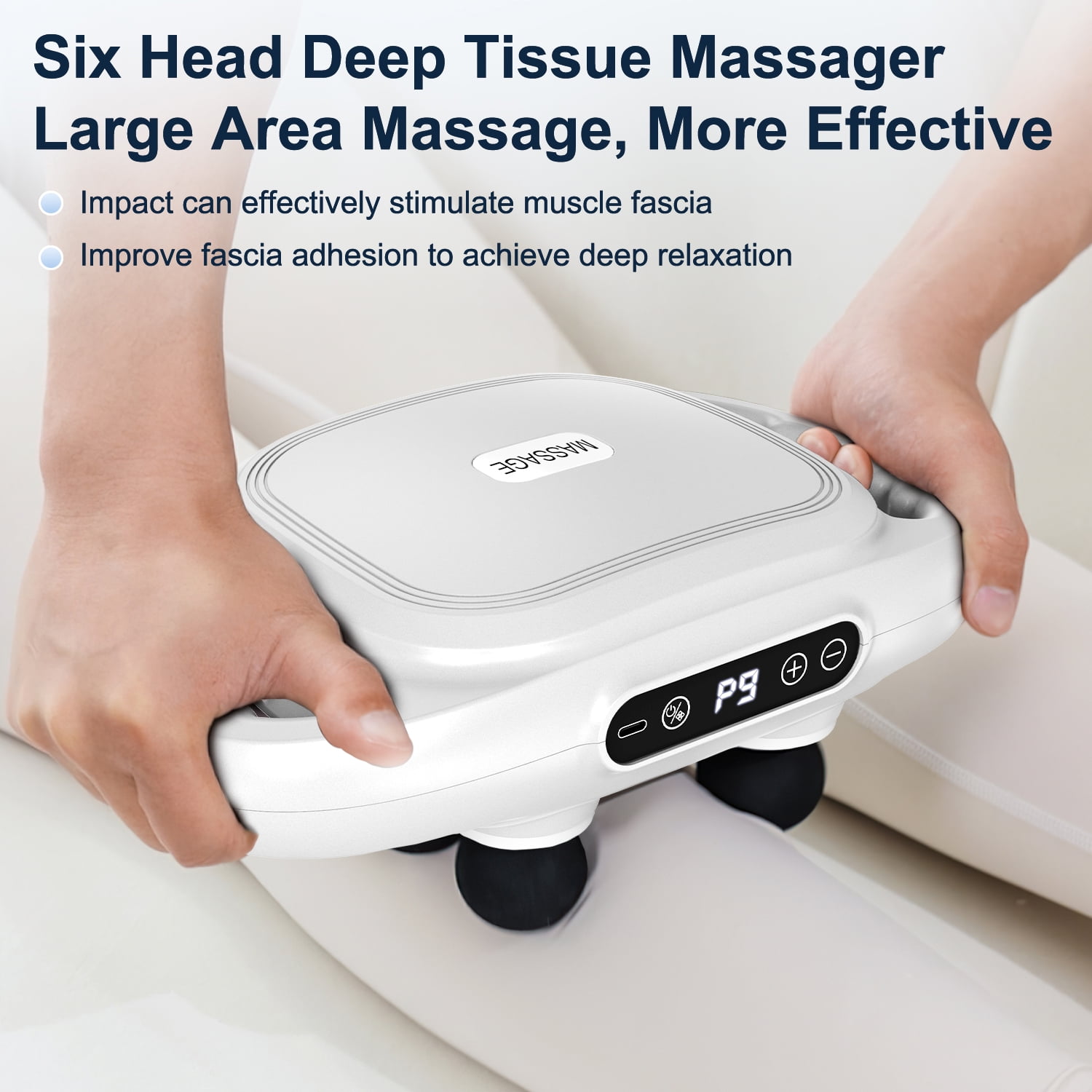 Cshidworld Massage Gun, 6 Heads Deep Tissue Massager, Portable Muscle Massage Gun for Back Neck Muscle Relieve, 9 Levels Speed Modes, Digital Display 6 Massage Heads Link Drive System, White