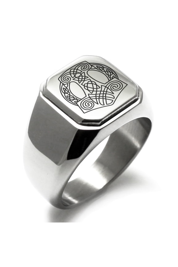 Stainless Steel Majesty Thor's Hammer Mjolnir Viking Engraved Square Flat Top Biker Style Polished Signet Ring