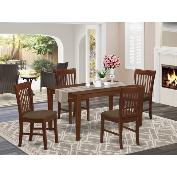 Vintage Kitchen Dining Set - Table & 4 Chairs - Linen Fabric - 36x60 Inch - Mahogany Finish