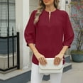 thumbnail image 6 of Olyvenn Stylish Keyhole V Neck Puff 3/4 Length Sleeve Womens Tops Dressy Casual Chiffon Work Blouses Pleated T-Shirts Loose Fit Shirts Wine 16-18, 6 of 8