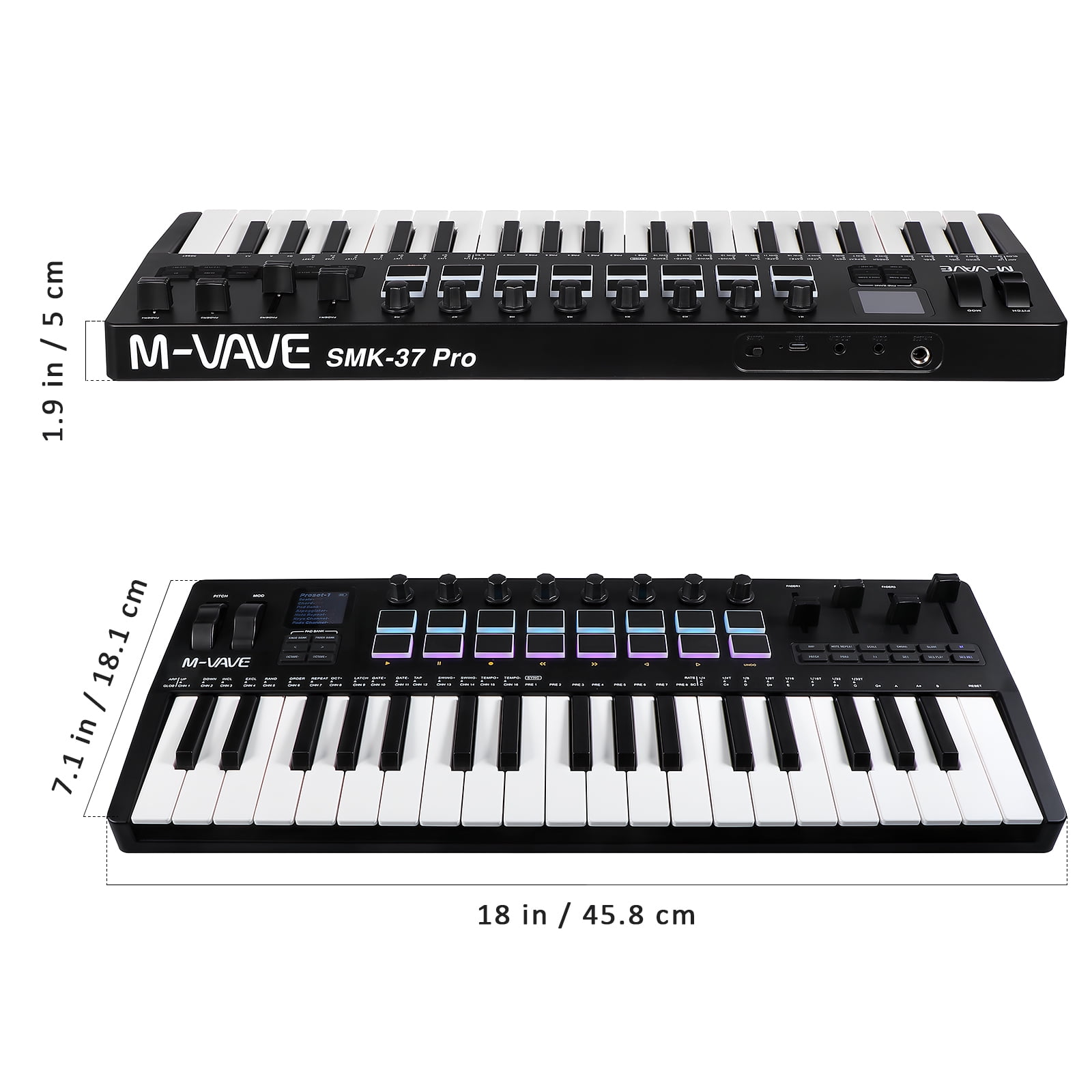 37Key USB MIDI Keyboard Controller With 8 Backlit Drum Pads, Professional dynamic keybed and Music Production,Software