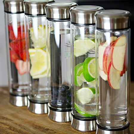 

Tea Tumbler with Infuser - BPA Free Double Wall Glass Travel Tea Mug with Stainless Steel Filter - Watertight Tea Bottle with Strainer for Loose Leaf Tea and Fruit Infused Water 14oz