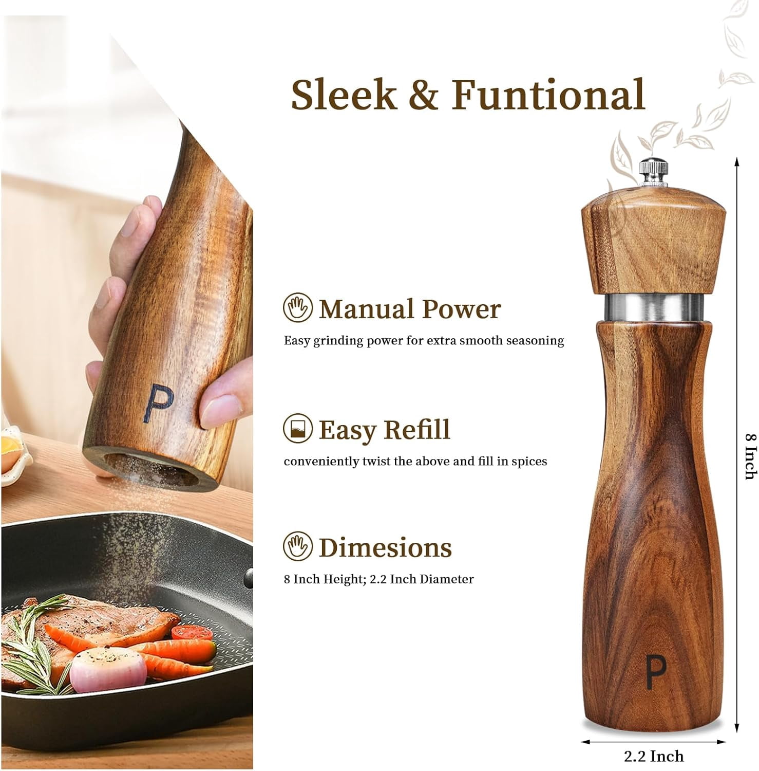 Salt and Pepper Mill Set, Wooden Salt and Pepper Grinders, Shakers with Ceramic Core- 8 Inches -Pack of 2