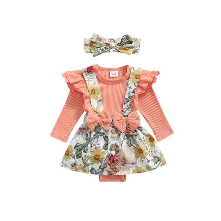 

TheFound Newborn Baby Girls Outfit Ruffle Long Sleeve Floral Knit Romper Suspender Skirt Headband 3Pcs Sets