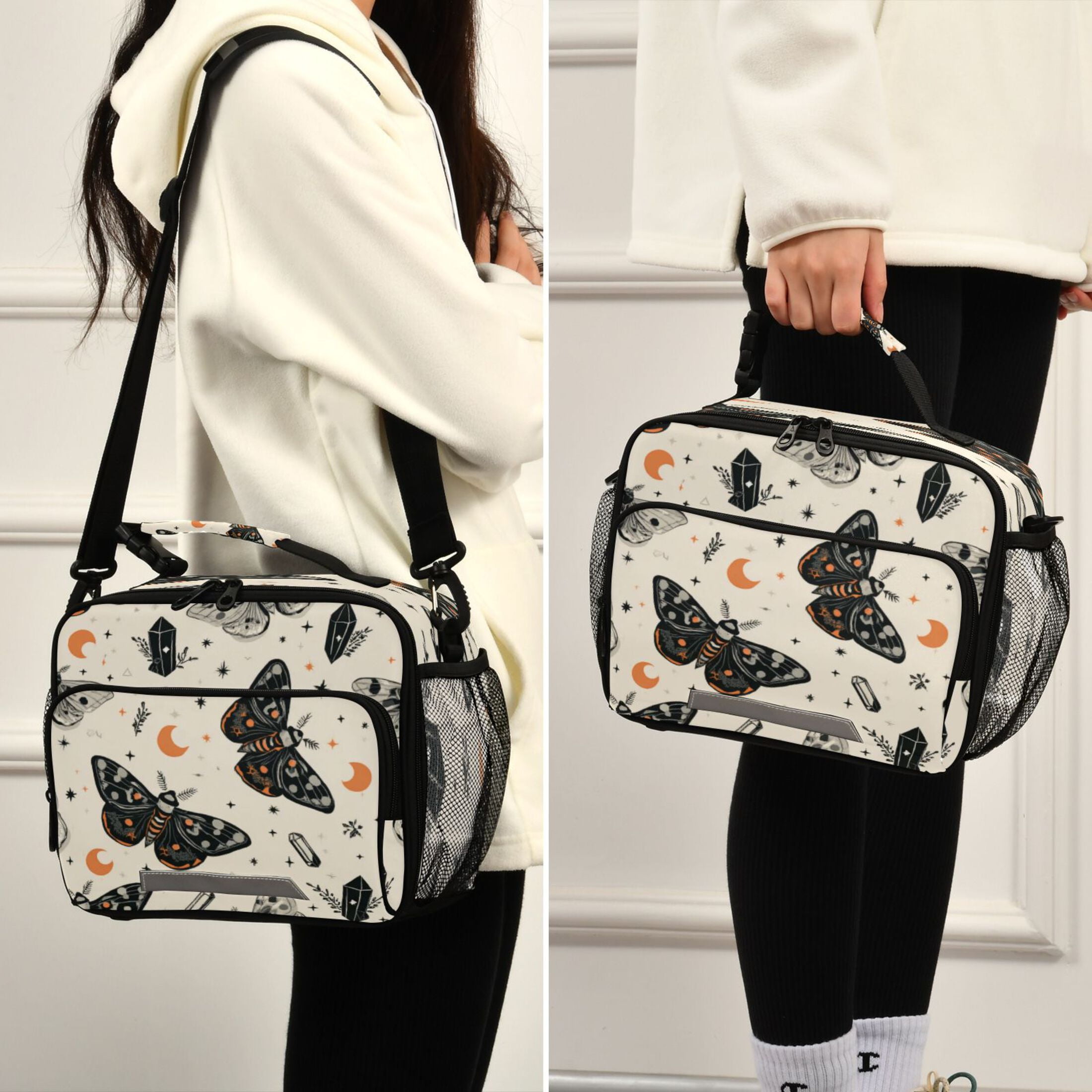 Insulated Lunch Bag 6L Leak-Proof Lunch Box with Shoulder Strap Multiple Pockets Lunch Tote Black and White Moths