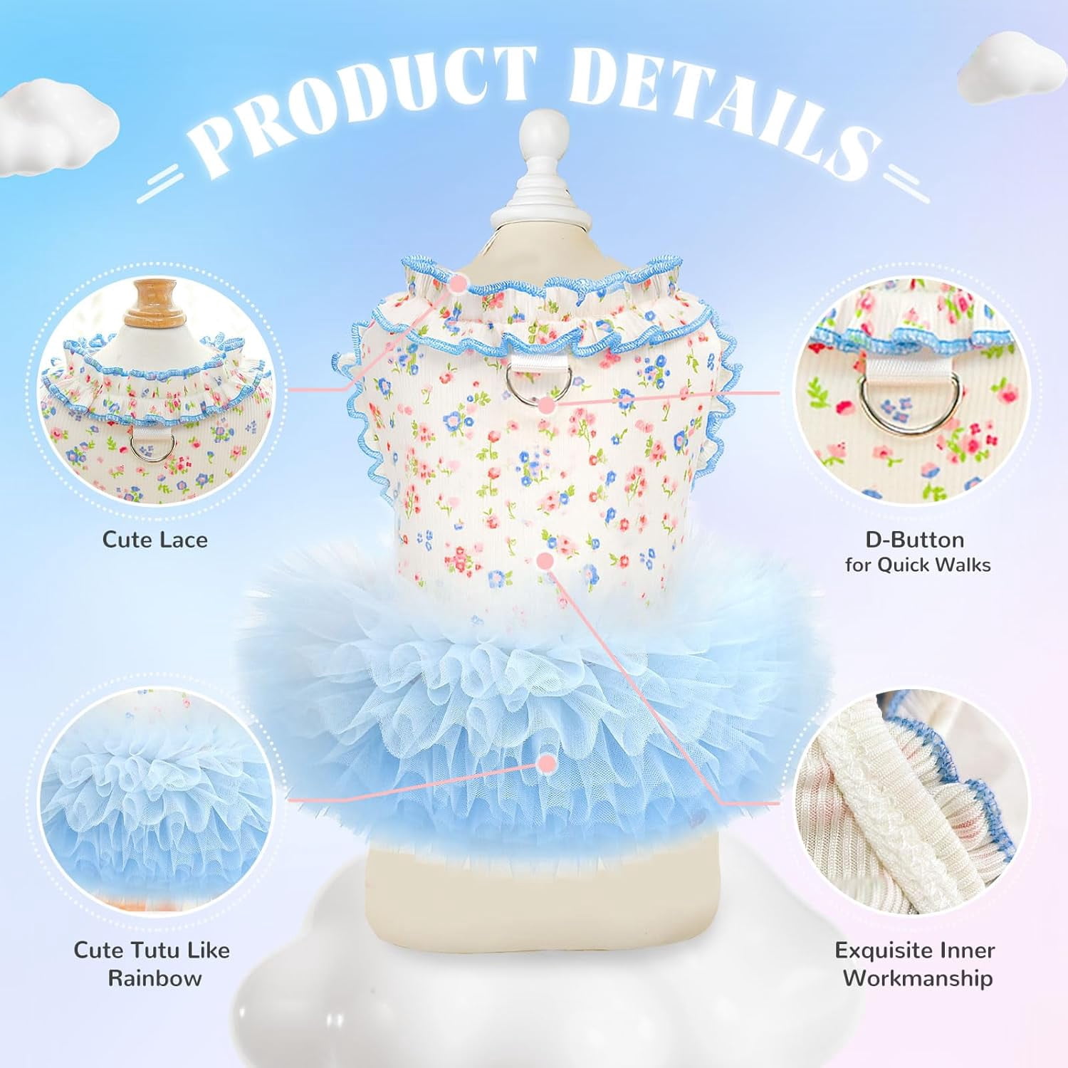 Floral Dog & Cat Dress with Tutu Skirt - Breathable Stretch Pet Clothes for Small Dogs Girl Cats & Puppies Birthday Party Outfit (Blue,Medium)