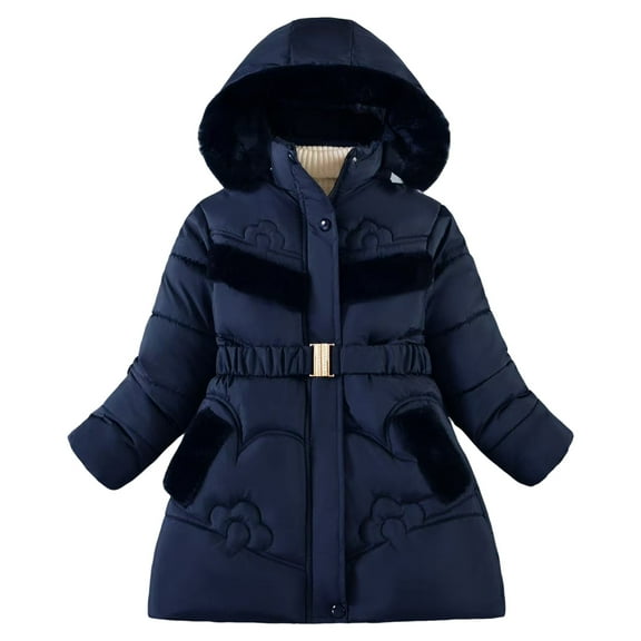 newwalpole Girls' Winter Puffer Jacket Thickened Overcoat Winter Coat with Fuzzy Lined Hood Waterproof Heavy Parka Warm Navy for Size 3-4 Years