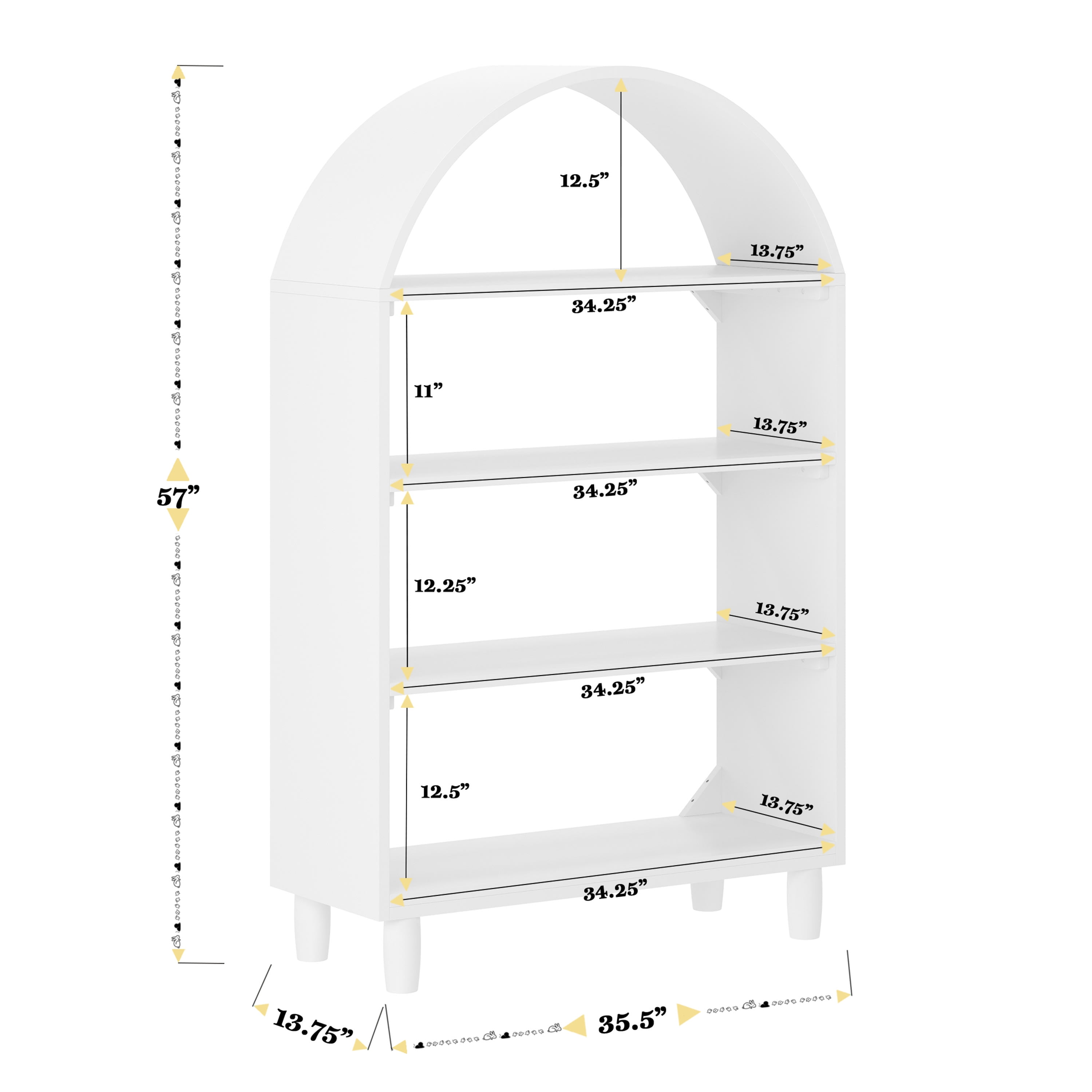 Buzz & Bloom Kids Open-Style Engineered Wood Bookshelf with 4 Shelves and Covered Rounded Top, White
