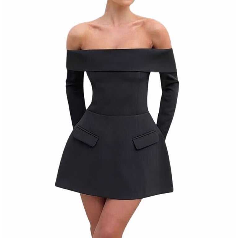 Women Mini Dress Off Shoulder Long Sleeve A Line Dress Short Formal Dresses Party Clubwear Black L