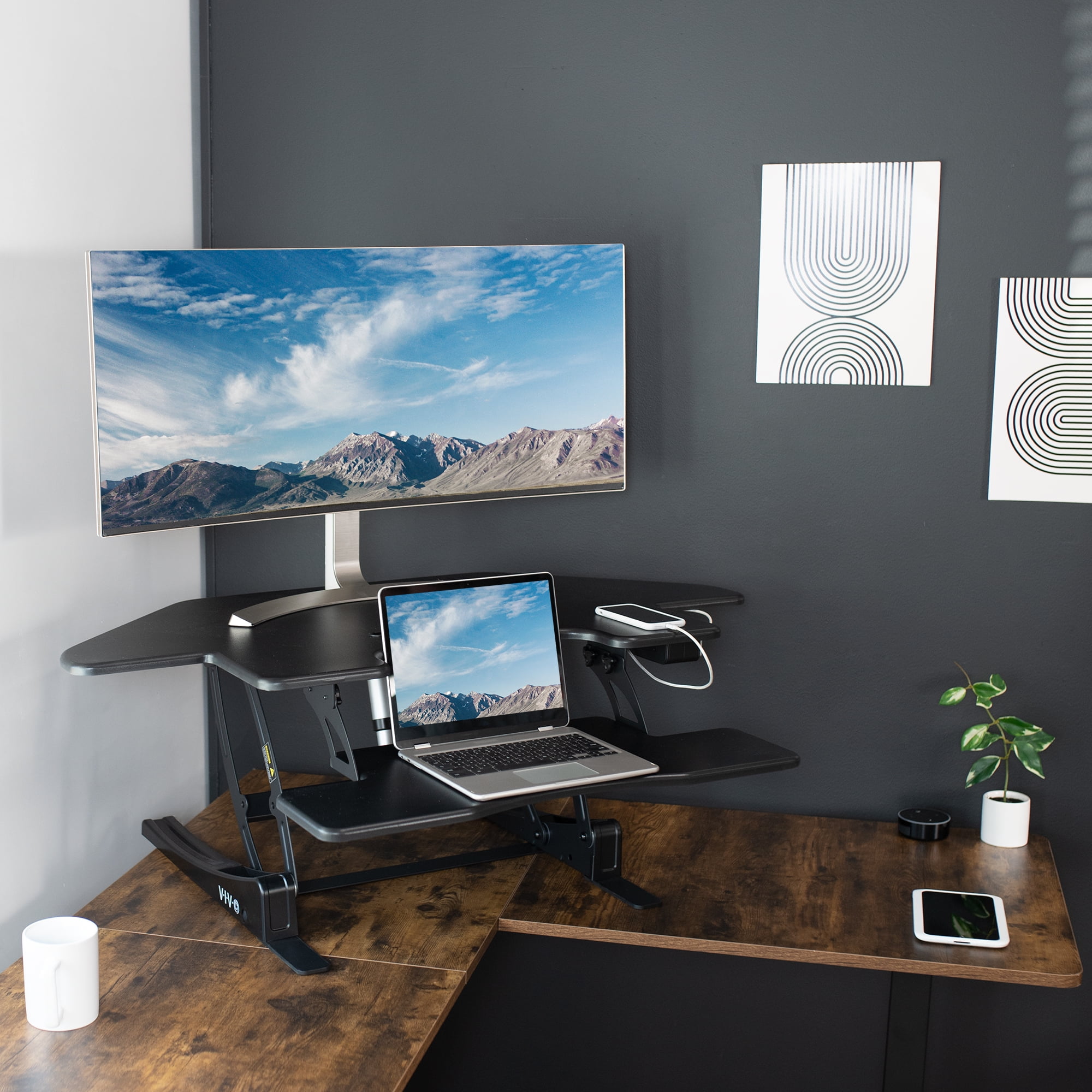 VIVO Black Corner Electric Height Adjustable Cubicle Sit to Stand Desk Riser