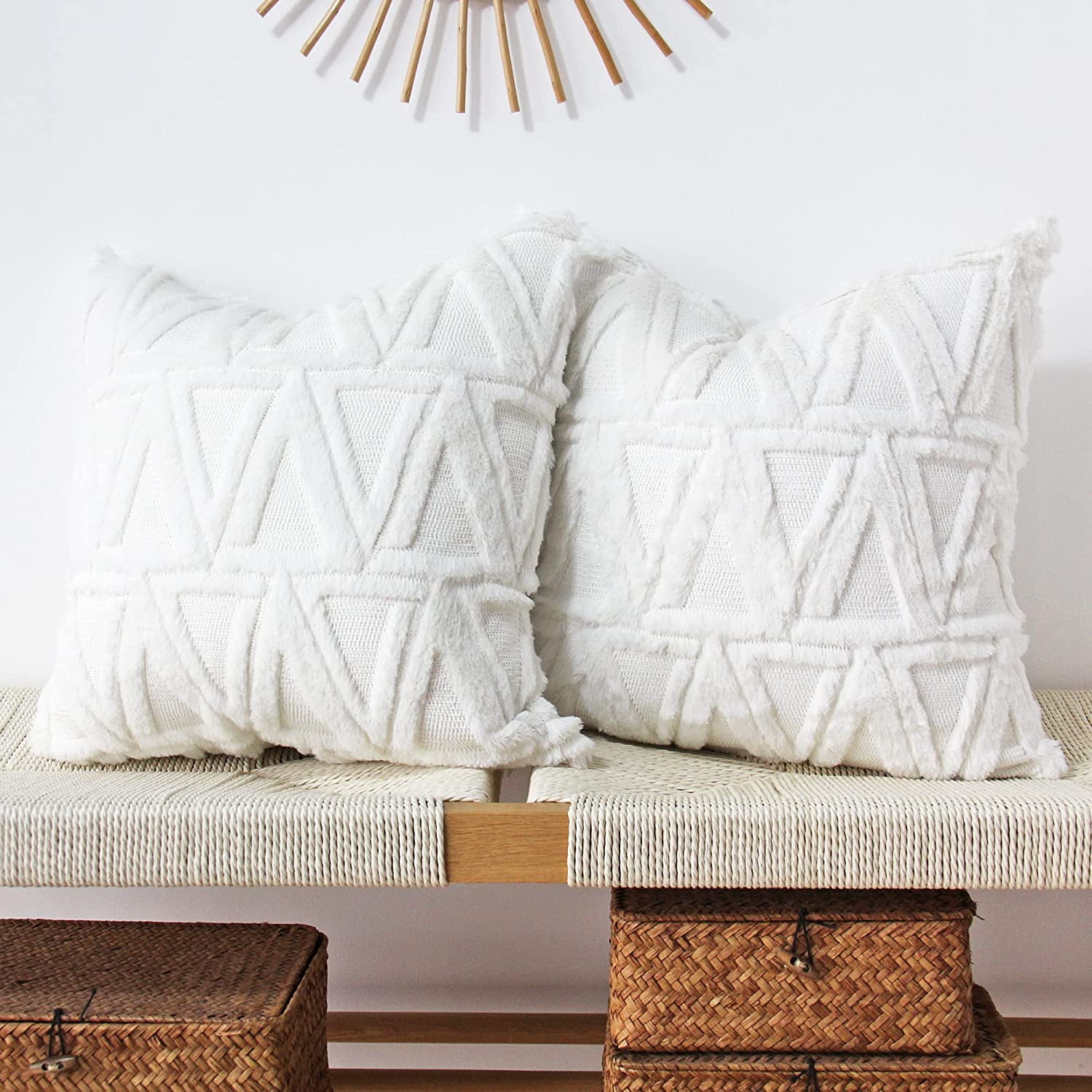 Plush Short Wool Velvet Decorative Throw Pillow Covers Luxury Style Cushion Case Faux Fur Fluffy Pillowcases Pack of 2 18 x 18 Inch White