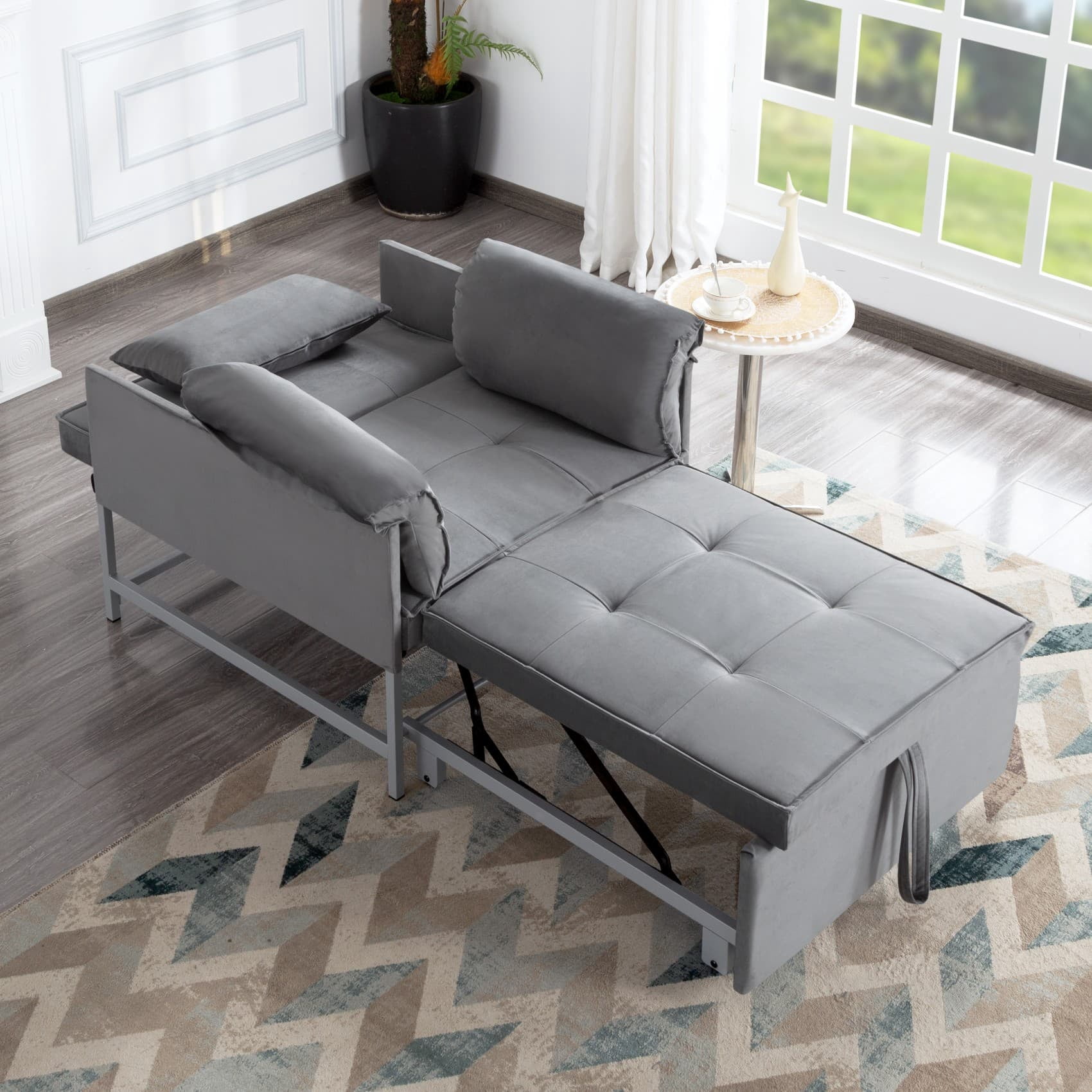 BSHTI 34.3" Convertible Fold Out Sleeper Chair, Sturdy Metal Frame, Velvet Upholstery, 3 Adjustable Angles Reclining Function Sofa Bed, Easy Assembly (Gray)