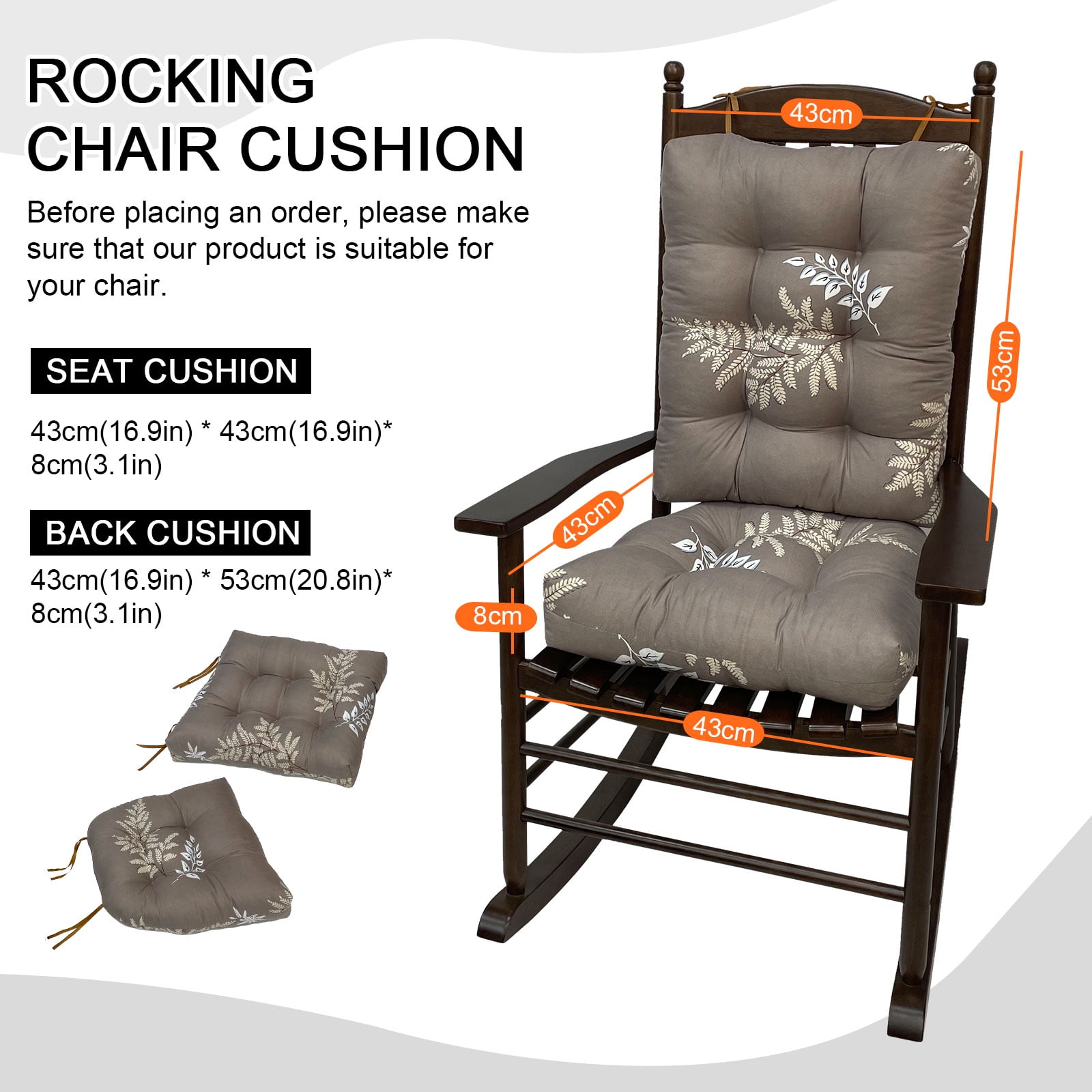 KALAKALA Outdoor Rocking Chair Cushions Pack of 2 Patio Chair Cushion Pad Sets Patio High Back Chair Seat Cushions with Ties for Garden Patio Furniture, Green Leaves