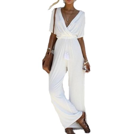 DYMADE Women's V Neck Casual Loose Long Jumpsuits Wide Leg Romper Pants with