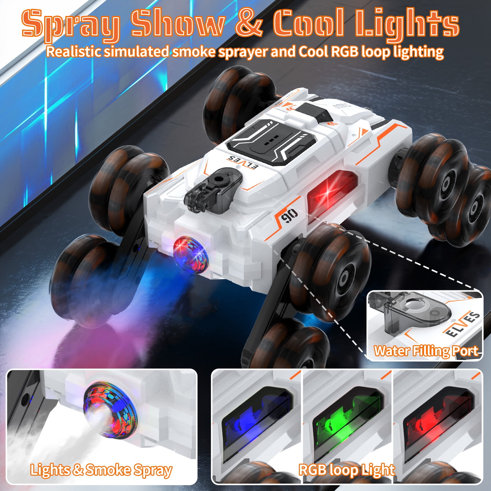 Kivdit Remote Control Cars,Double Sided 360°Rotating RC Stunt Cars, 8WD Rc Cars with Spray & Light, 2.4GHz Rechargeable Toy Cars Christmas Birthday Gifts Toys for 6 8 9 10 Year Old Kids