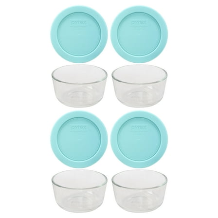 Pyrex 7202 1-Cup Clear Round Glass Food Storage Bowl and 7202-PC Jade Dust Plastic Lid (4-Pack)