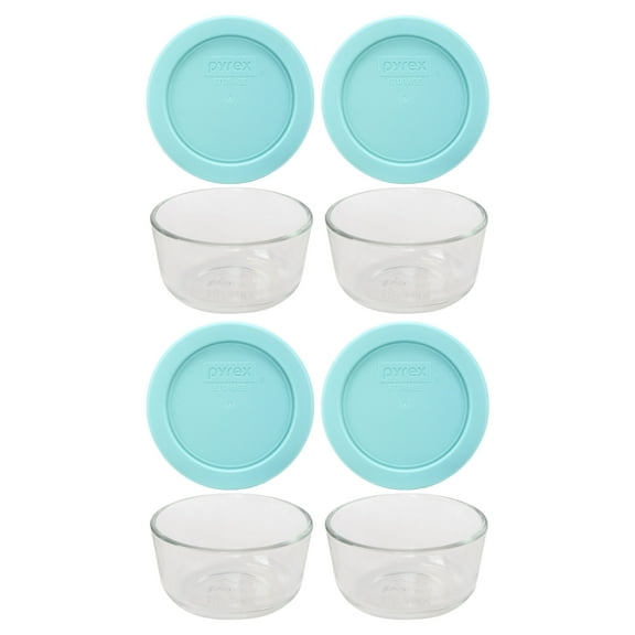 Pyrex 7202 1-Cup Clear Round Glass Food Storage Bowl and 7202-PC Jade Dust Plastic Lid (4-Pack)