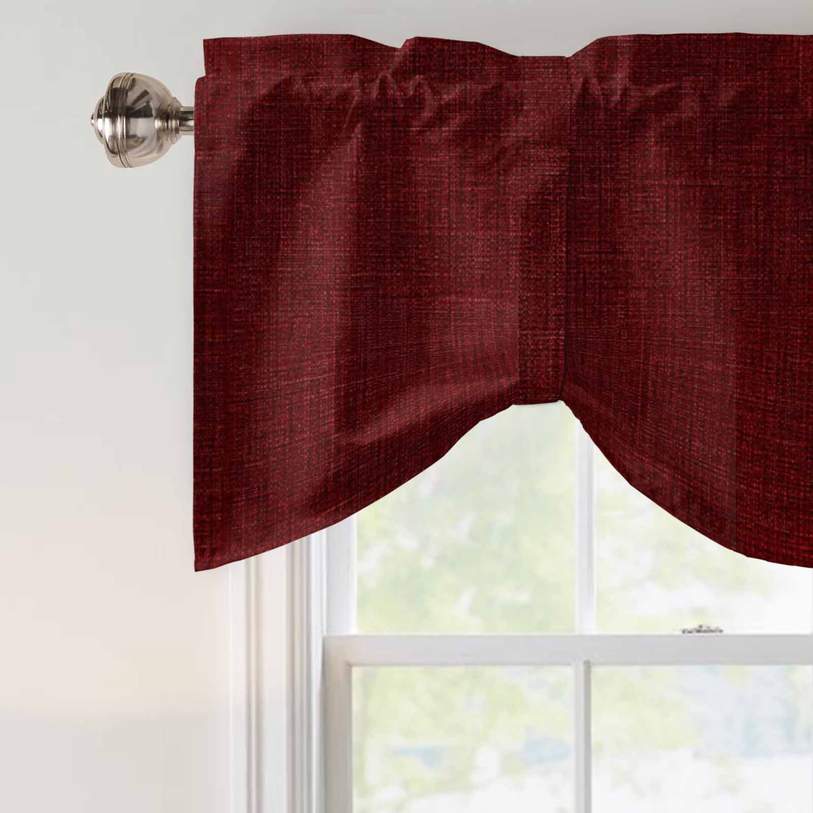 Tie Up Valances for Windows, Vintage Dark Red Adjustable Valance Curtains Window Treatment for Living Room, Farmhouse Retro Solid Color Linen Texture Rod Pocket Kitchen Curtains & Drapes 42x12 Inch
