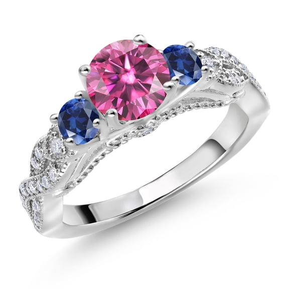 Gem Stone King 925 Sterling Silver Pink Moissanite Blue Created Sapphire and White Moissanite Engagement Ring for Women (1.35 Cttw, Gemstone, Round 6MM and 3MM, Size 5)