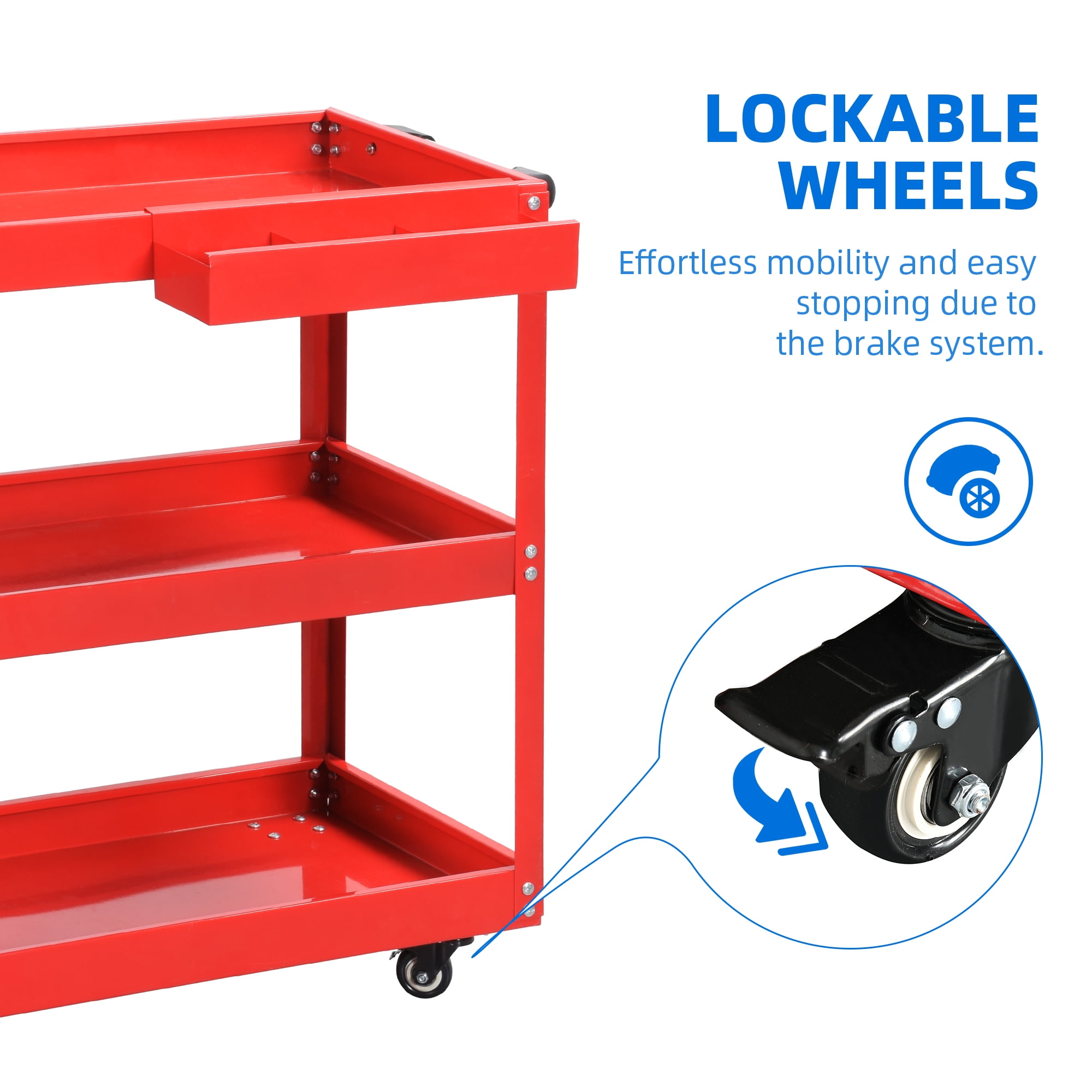 Uforic 3-Tier Metal Tool Cart on Wheels, Rolling Service Cart with Hanging Board & Storage Box, Red
