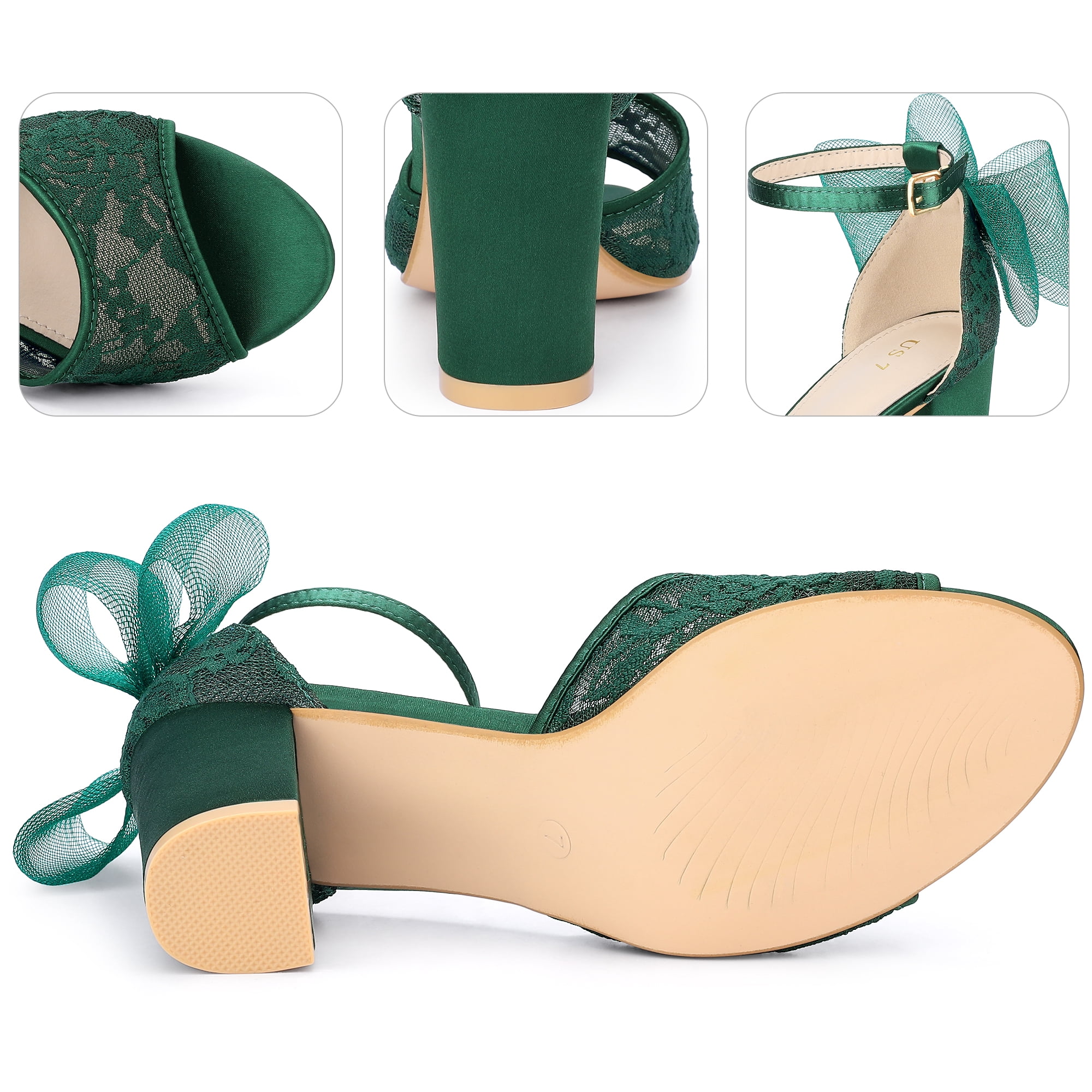 DARING DIVA Lace Open Toe Bow Ankle Strap Block Heel Sandals for Women Dark Green 8.5