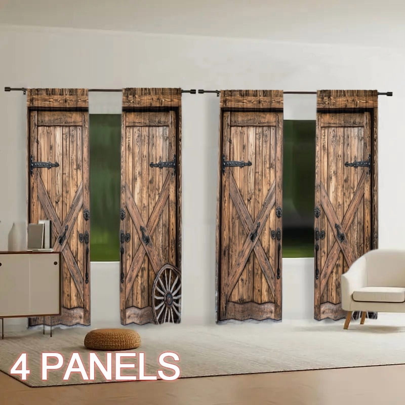 WNOOHIY 4 Panels Brown Wood Grain Barn Door Light-filtering Curtains for Living Room, Bedroom, Outdoor Decoration