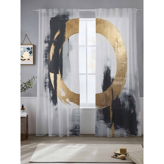 Black And Gold Sheer Curtains 96 Inches Long 2 Panels round Abstract Watercolor Light Filtering Semi Sheer Window Curtains Drapes for Bedroom Living Room 52"x96"