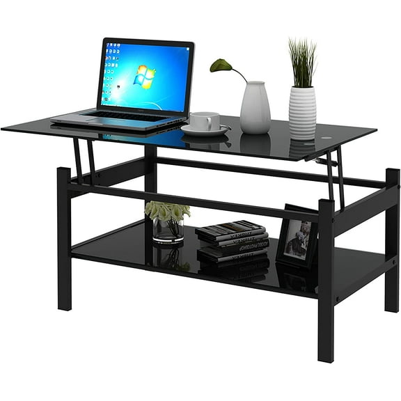 Lift Top Coffee Table, Modern Black Glass Coffee Tables for Living Room with Storage, Rectangle Tempered Glass and Metal Frame, Lift Tabletop Table for Home Office