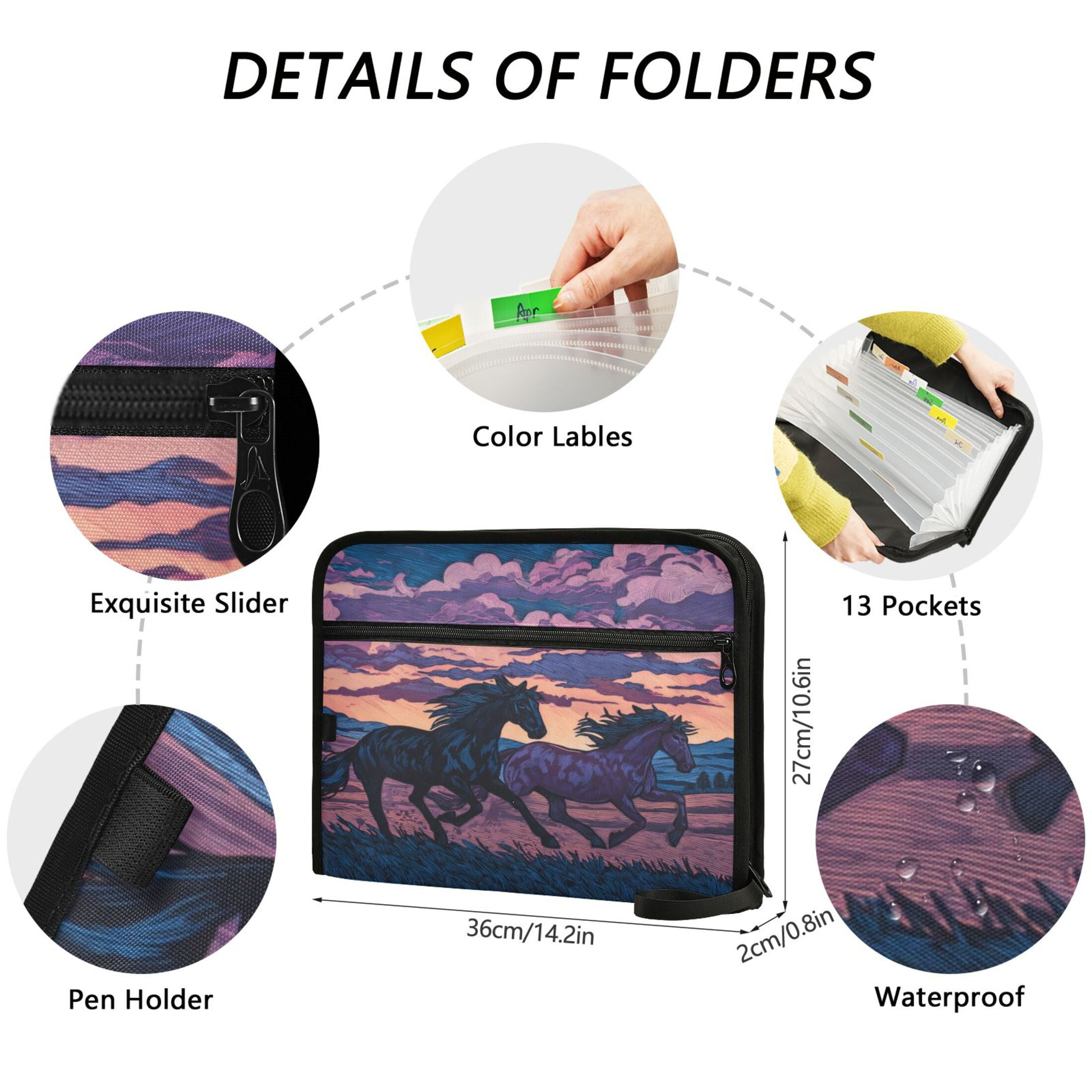 Accordion File Organizer with Zip Closure 13 Pockets Expanding File Folder Letter A4 Paper Document Organizer for Home Office Wild Horses Running