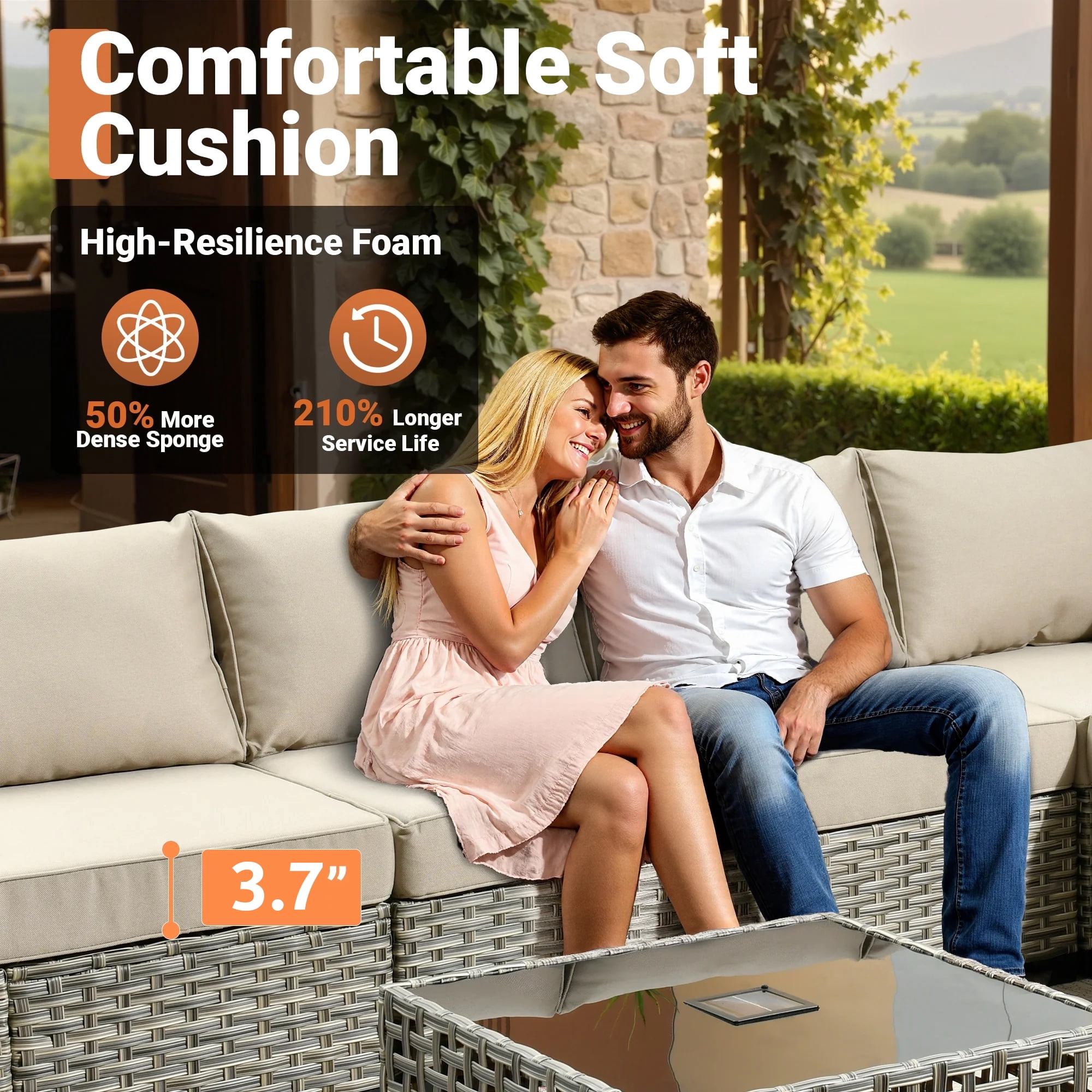 Vcatnet 8 Pieces Outdoor Patio Furniture Sectional Sofa PE Rattan Wicker Conversation Set with Solar Powered Coffee Table for Porch, Backyard, Beige