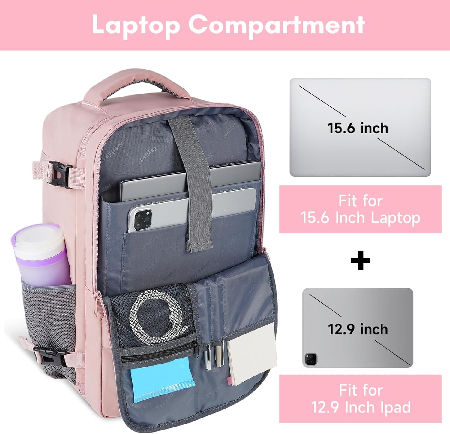 Taygeer Travel Backpack for Women, Carry on Big Bag , TSA 15.6in Laptop Bag Pink