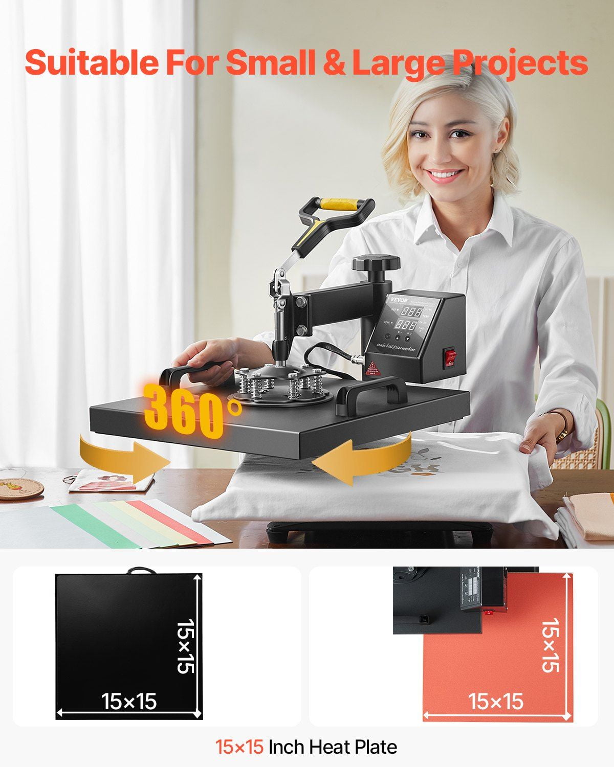 2-in-1 Sublimation Heat Press 15x15 Inch for Custom Apparel & Accessories