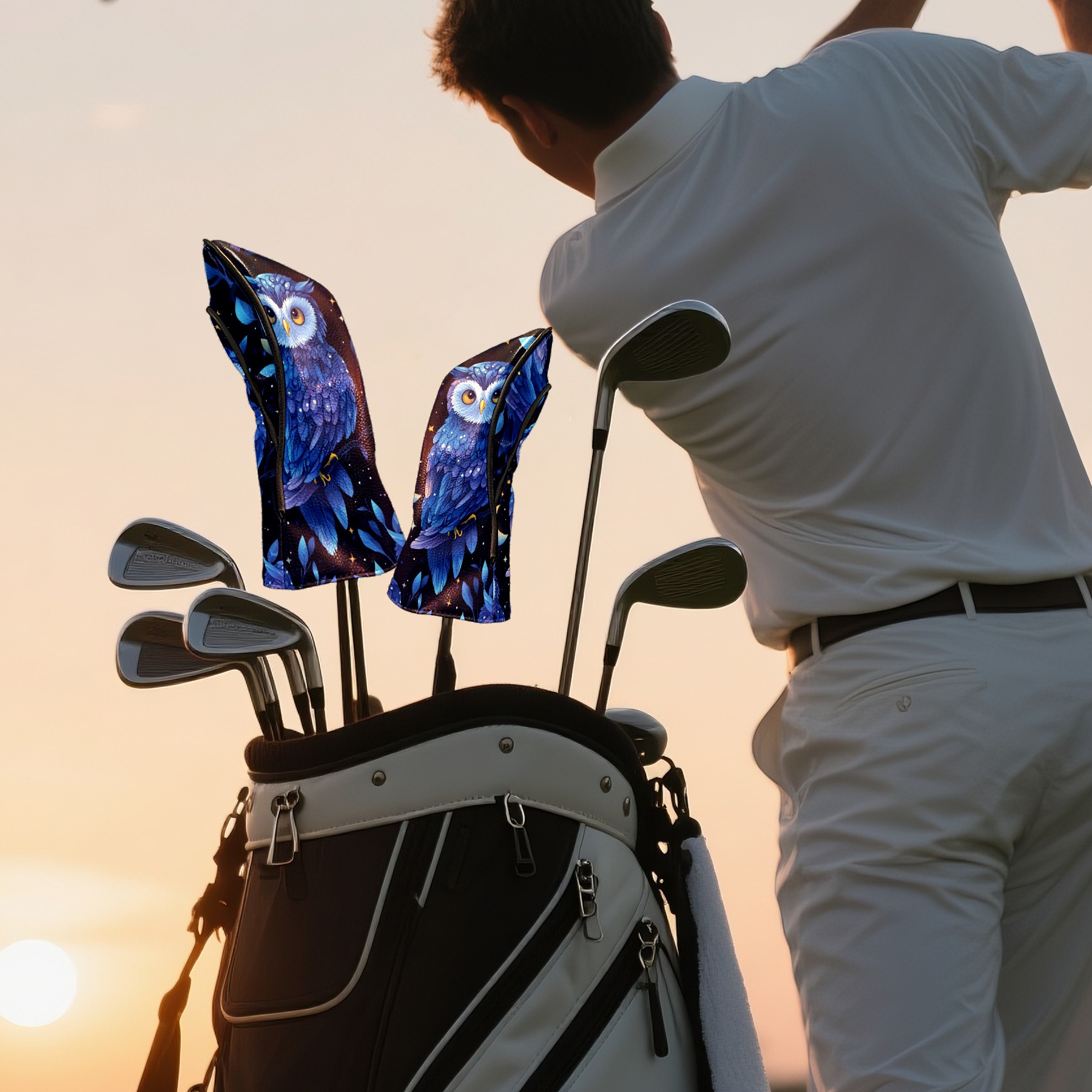 Golf Club Head Covers - Blue Owl Design, PU Leather, Waterproof, Fits Fairway Woods/Hybrid, Unisex, Fits Most Brands