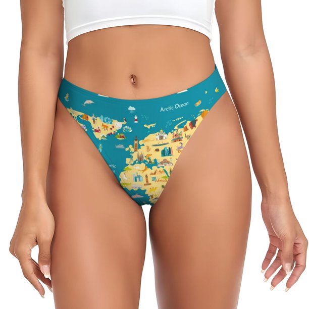 Balery World Map With Landmarks Tangas de Algodón para Mujer con Estampado – Ropa Interior Sexy, Transpirable, G-string-4X-Large