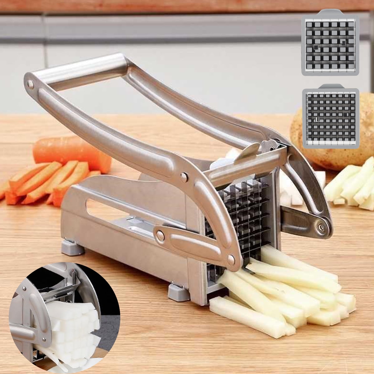 Brand: Multifuncional Type: Manual Vegetable Chopper Specs: 5 Blades,  Kitchen Gadget Keywords: Fruit Vegetable Tools, Potato Radish Cutter,  French Fry Slicer Key Points: Efficient Cutting, Easy To Clean Main  Features: 5 Interchangeable