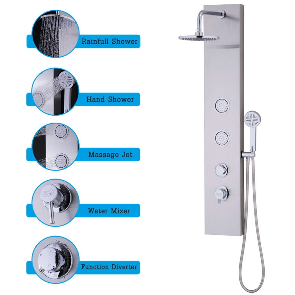 Finihen Shower Panel, Shower Panel Tower System, 47 Inch Stainless Shower Panel with Massage Jets Hand Shower, Silver Finihen Shower Panel, Shower Panel Tower System, 47 Inch Stainless Shower Panel with Massage Jets Hand Shower, Silver