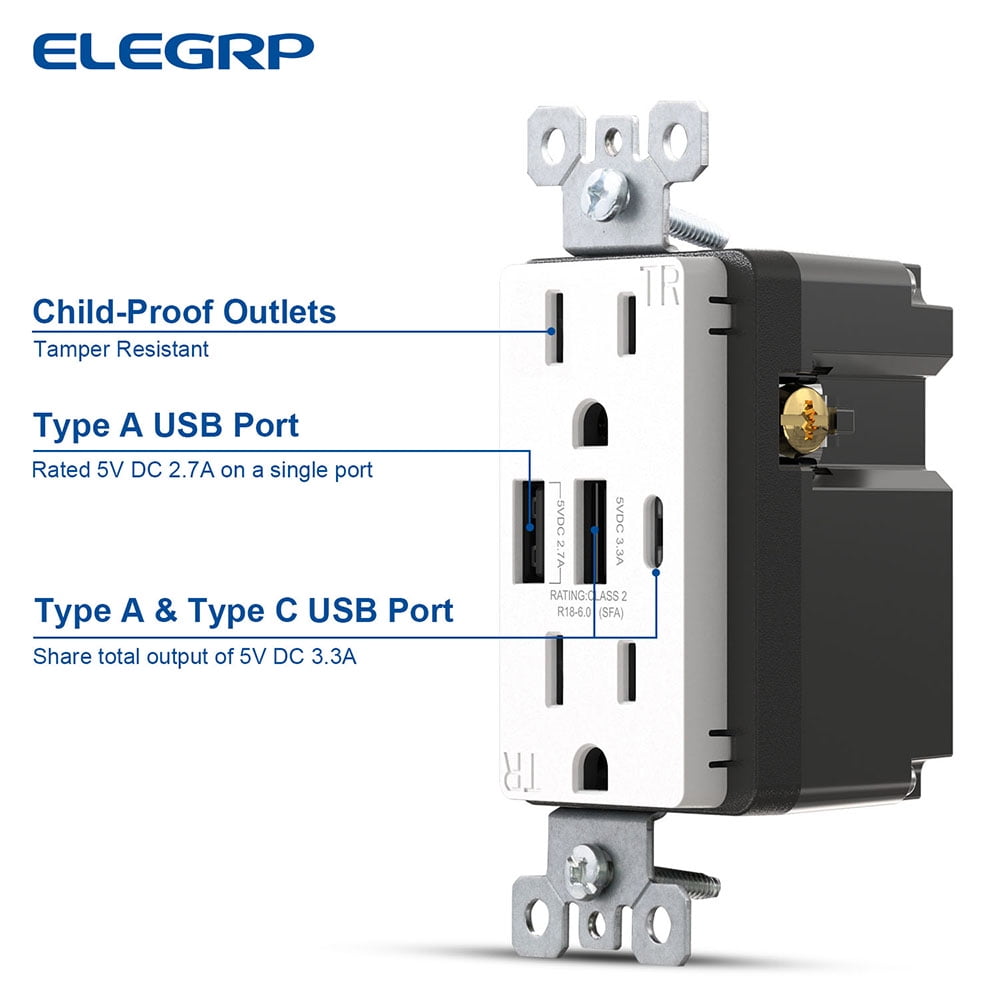 USB Outlets Receptacles, 3 Port USB C Wall Outlet, 30W 6.0A USB Electrical Outlet, 15 Amp Tamper Resistant Outlet with USB C Ports, UL Listed, Wall Plate Included