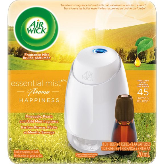 Air Wick Essential Mist Aroma Fragrance Oil Diffuser, Happiness, 1 diffuseur + 1 recharge, assainisseur d'air