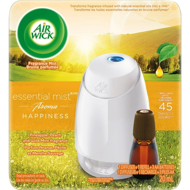 Air Wick Essential Mist Aroma Fragrance Oil Diffuser, Happiness, 1 diffuseur + 1 recharge, assainisseur d'air