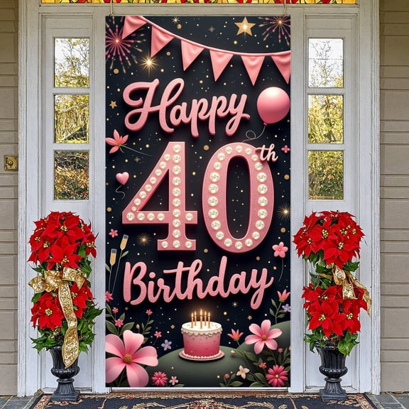 Pink Theme Happy 40th Birthday Banner Glitter Design 40th Birthday Display Floral Decor Balloon Birthday Celebration Backdrop for 40th Birthday Party Women's Birthday Indoor Celebration