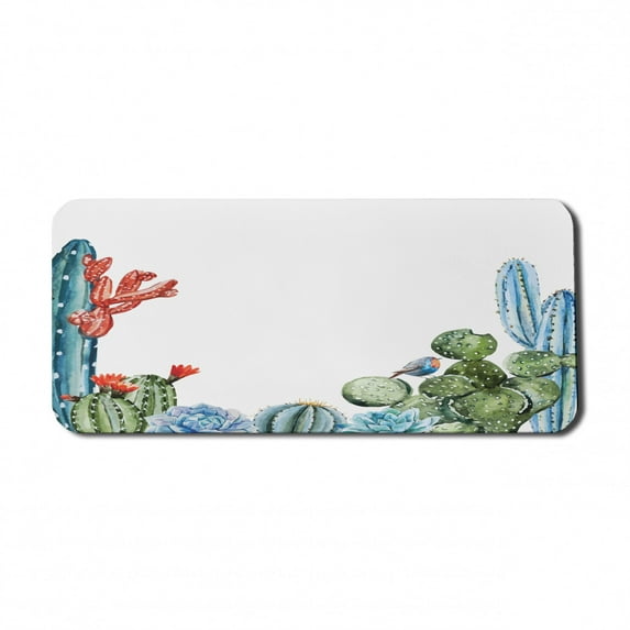 Cactus Computer Mouse Pad, Cacti Spikes Flowers Birds Cartoon Style Vintage Like Colored Artwork, Rectangle Non-Slip Rubber Mousepad X-Large, 35" x 15" Gaming Size, Green and Blue, by Ambesonne