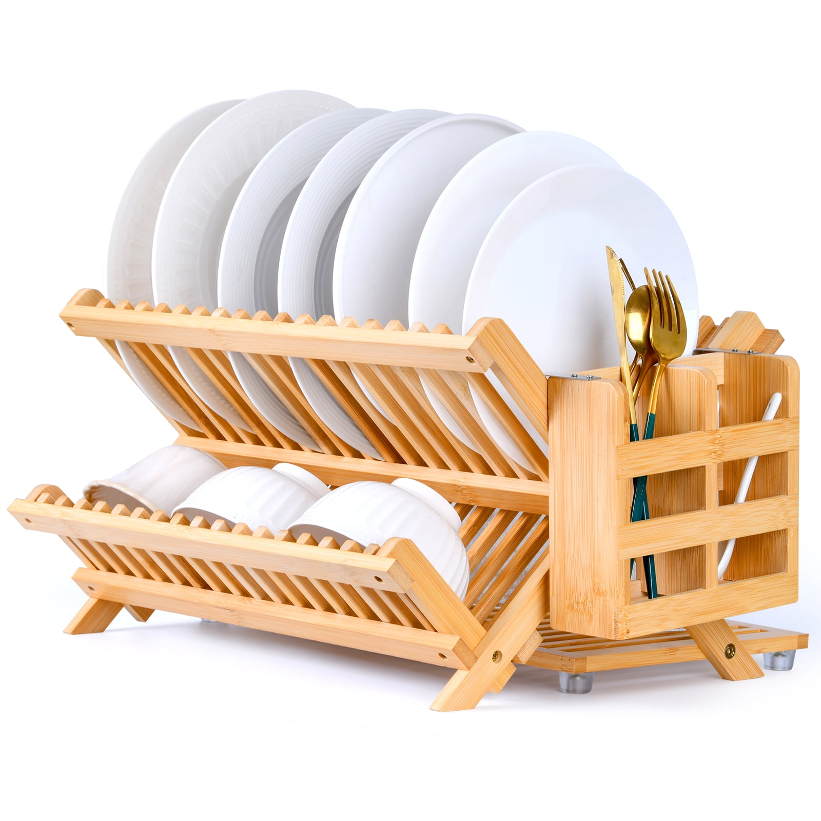 3-Tier Foldable Bamboo Dish Rack with Utensil Holder, Space-Saving Drying Organizer for Small& Apartments