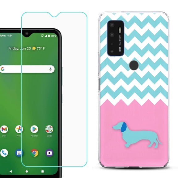 Shockproof Bumper Phone Case for AT&T Radiant Max 5G / Fusion 5G, with Tempered Glass Screen Protector, by OneToughShield ® - Chevron/Dachshund/Puppy