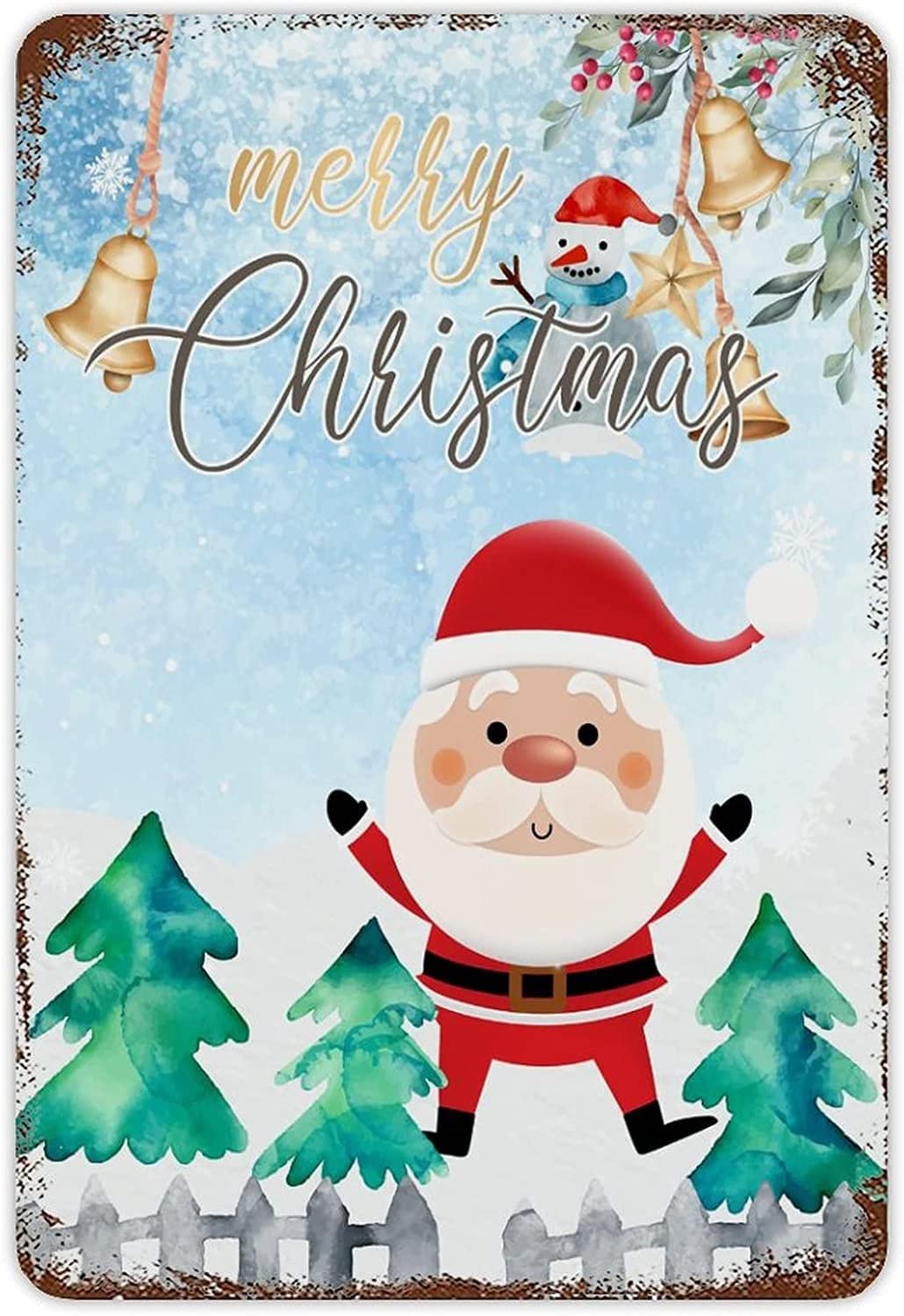 Santa Claus Jingle Bell Christmas Metal Sign Retro Tin Winter Pine Tree