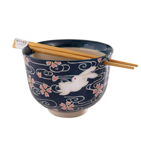 Urban Tokyo Handpainted Ceramic Glazed Japanese Ramen Udon Noodle Rice Bowl With Chopsticks 20 fl oz 5 inch Diameter Bowl Sets Color Box Packaging (Cherry Blossoms Rabbit)