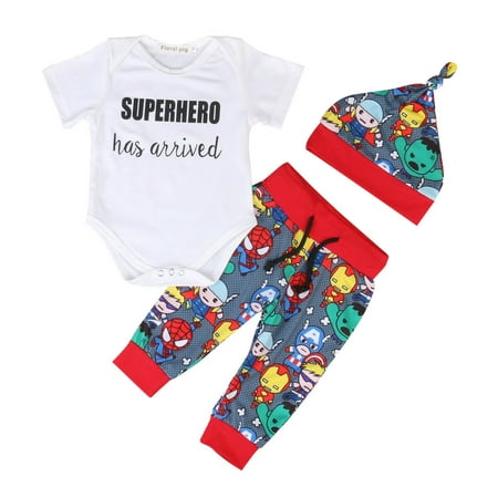 Newborn Infant Baby Boy Outfits Superhero Romper T-shirt+Long Pants Hat 3pcs Set