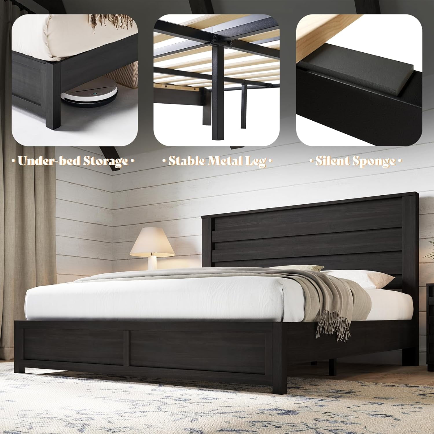 LUXOAK King Size Bed Frame with Natural Wood Platform, 49" Fluted Headboard, Black